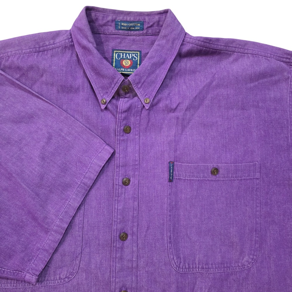 Chaps Ralph Lauren Mens XL Purple Short Sleeve Button Down Cotton Shirt Vintage